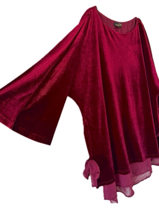 Suzanne Betro 2X BURGUNDY Velvet Tunic Top with Bell Sleeves Chiffon Hem - Picture 4 of 12